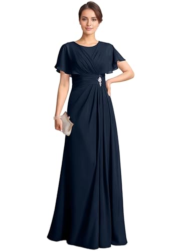Image of Navy Blue Plus Size Mother of The Bride Dresses 2025 Ruffle Sleeves Scoop Neck Beaded Wedding Dresses for Mother