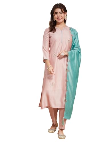 Image of MOKOSH Women's Silk Embroidery Kurta Pant with Dupatta | Kurta Set | Sweetheart Neck | 3 Piece Outfit | 3 /4 Sleeve Ethnic Suit