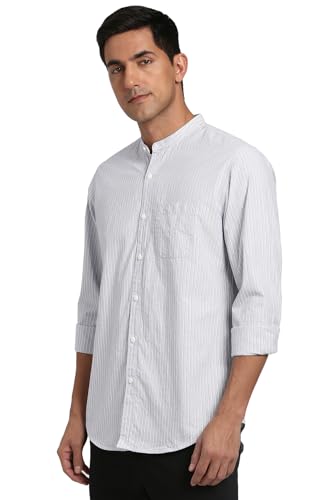 Image of Peter England Men's Casual Mandarin Collar Slim fit Full Sleeve Shirt in 100% Cotton Seersucker with Striped Design
