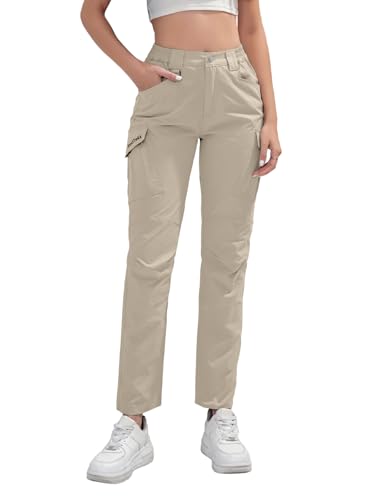 BondiTrekk Pantalones cargo para mujer con 9 bolsillos, cintura alta, resistentes al agua, pantalones de exterior para senderismo, deporte y uso diario, caqui, L