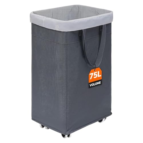 CHICVITA Rolling Laundry Basket with Wheels,75L Large Collapsible Laundry Hamper with Removable Wash Bag Space for Corner Dorms, Grey