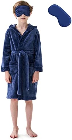 MGEOY Kids Robes for Boys Soft Hooded Flannel Bathrobes for Girls Kids With Silk Eye Sleep Mask Navy 10-12