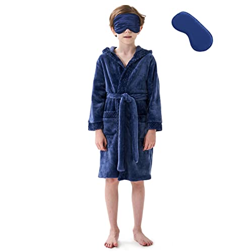 Mgeoy Kids Robes For Boys Soft Hooded Flannel Bathrobes For Girls Kids With Silk Eye Sleep Mask Navy 10-12 #TOP24