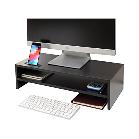 Ttap Black Wooden Monitor Two Shelf Stand Computer Laptop TV Screen Riser Desk Organiser 54cm L x 24.5cm D x 14.4cm H (with Smartphone holder) Cover