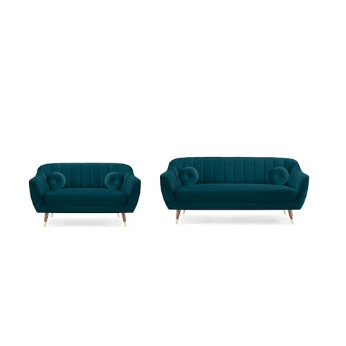 Image of AMATA Marino Solid Wood 3+2 Seater Ocean Blue Suede Velvet Fabric Sofa Set with Two Cushions Perfect for Home Office Guests Living Room (04 Ocean Blue, 3+2 Seater)(3 Year Warranty)