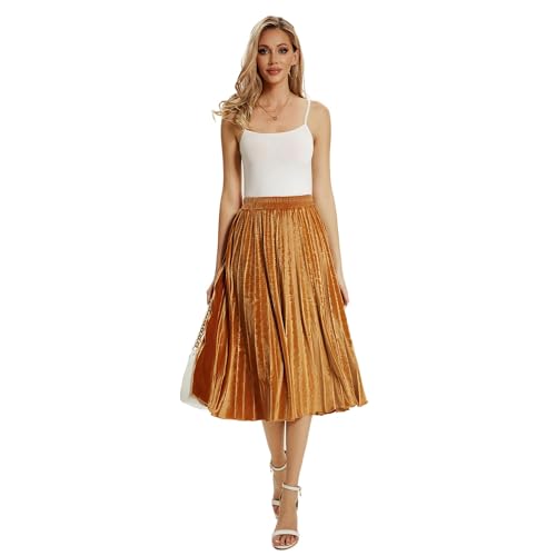 TONCHENGSD Women's High Elastic Waist Velvet Midi Long Pleated Swing Ruffled Skirt2