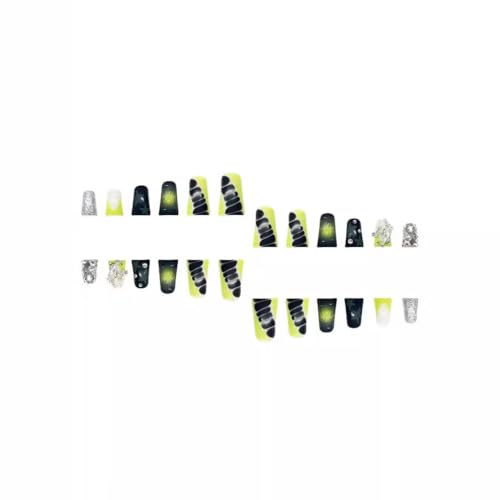 Image of Duck Press on Nails Green Black Fake Nails with Star Design Rhinestone Glue on Nails Alligator Print Nail press ons Ombre False Nail Glossy Acrylic Full Cover Stick on Nail for Women Manicure 24Pcs