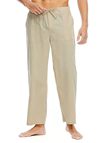 TANLOUI Homme Pantalon Lin Ete Cordon Pantalon Ample de Plage Léger Respirant Pantalon Decontracte avec Poches Kaki L Cover