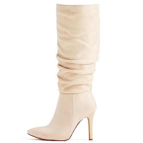 katliu Women Suede Knee High Boots Pointed Toe Stiletto Boot Slouchy Zipper High Heel Boots Ivory 8