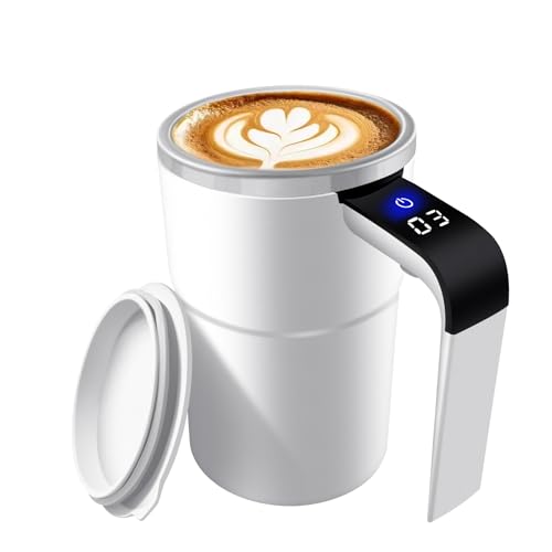 LUODIRGB Automatic Self Stirring Coffee Mug, Electric Mixing Cup with Magnetic Stirrer, Rechargeable Mixer Cup with Temperature Display, Portable Stirring Mugs for Coffee, Milk, Cocoa, 12oz (White)
