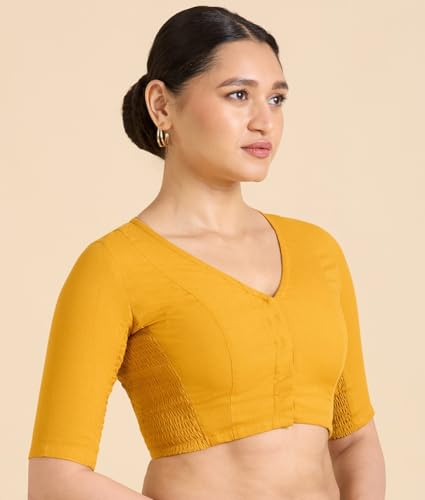 Image of Studio Shringaar Women's Thick Handloom Cotton Plain Side Stretch (Smocked) Readymade Saree Blouse