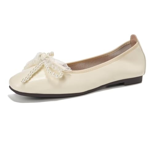 ChaiRong Zhou Women Pearl Bowknot Square Toe Pu Leather Flats Slip on Casual Dress Office Driving Shoes