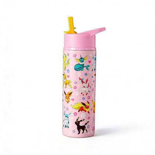HOX Pokemon Eevee Pink Drink Bottle 750ml | Reusable BPA-Free Plastic Insulated Sports Bottle with Stainless Steel Flip-Top | Spill Proof & Carry Loop | Keeps Cold for 24hrs & Hot for 12hrs