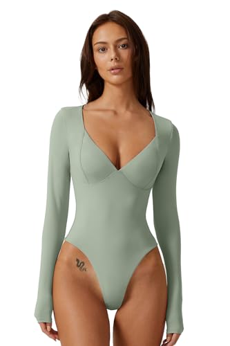 Image of QINSEN Women's Long Sleeve Bodysuit V Neck Body Suits Seamed Cup Going Out Tops Shirt