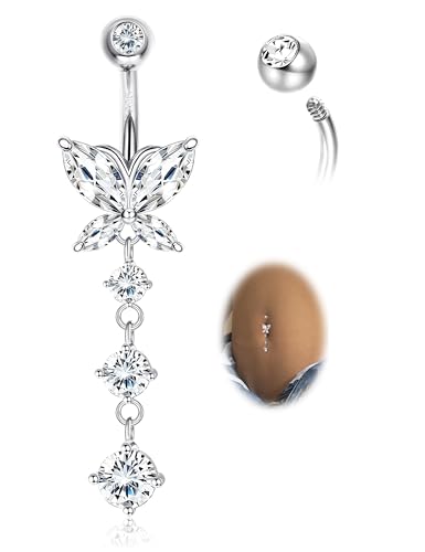 14G Dangle Belly Button Rings 925 Sterling Silver Barbell Belly Rings CZ Opal Belly Body Piercing Jewelry for Women