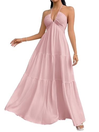 Image of SHENHE Women's Deep V Neck Tie Knot Backless Halter Dress A Line Flowy Ruffle Maxi Dress