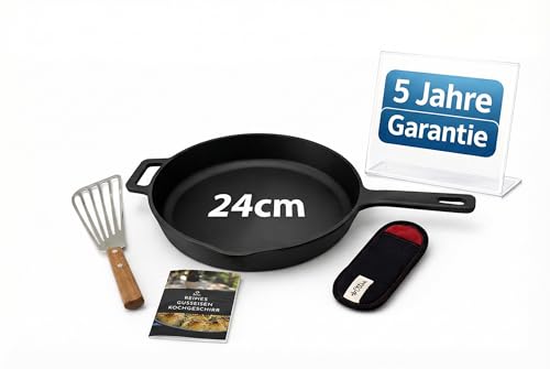 Ottia Poêle en fonte à induction 24 cm – Poêle meulée avec livre de cuisine électronique, spatule, protection thermique lavable, en fonte, poêle en...