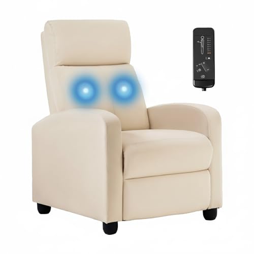 Image of BestMassage | Recliner Chair | with 2 Point Massage Function | Textile Beige | with Lumbar Support, Adjustable Push Back, Footrest & Padded Seat | Easy Assembly | for Living Room, Home Theatre