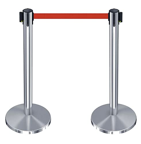 DARIT Queue Manager Crowd Control Stanchion Belt Barriers, Stainless Steel Stanchions with 2M Retractable Belts, Safety Barriers Stand & Line Dividers for Movie Theatre, Set of 2 (Red)