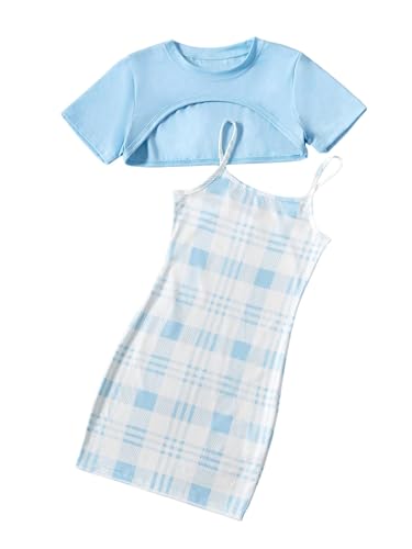 Girl's Cute 2 Piece Outfits Plaid Cami Dress with Short Sleeve Crop Top Summer Sets