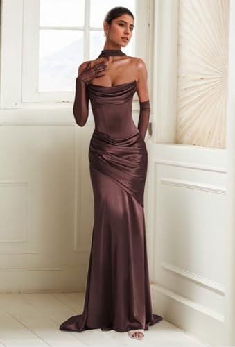 Strapless Bridesmaid Dress with Neck Scarf Ruched Mermaid Evening Dresses Satin Prom Dress for Women3