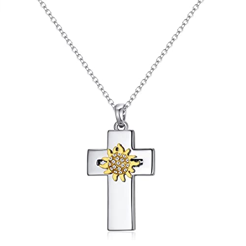 FULCOL Cross Necklace for Women Sunflower Cross Dainty Sunshine Pendant Religious Jewelry Gift for Ladies