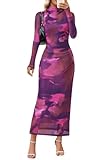 MEROKEETY Women's Long Sleeve Fall Wedding Guest Dress 2025 Bodycon Floral Mesh Ruched Cocktail Maxi Dresses, Plum, M