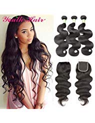 Youth Hair 9A 100% Unprocessed Malaysian Body Wave Virgin Human Hair 3 Bundles with 4×4 Free Part Lace Closure (14"16"18"+12"Closure, 1b/Natural Black)