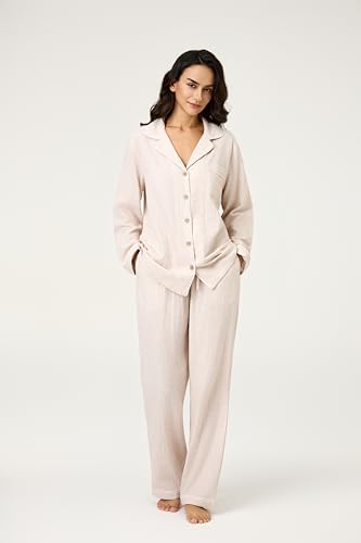 Image of BESTOUCH Womens Pajama Sets: 100% Cotton Muslin Linen Feel | Button Soft Comfy Breathable Classic Sleep Pjs 2 Piece