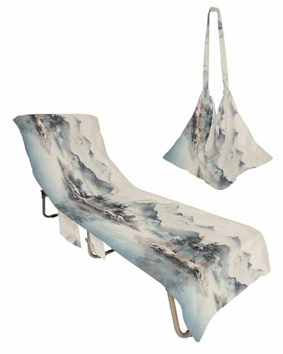 Landscape Painting Beach Lounge Chair Towel Cover, Soft Chaise Lounge Towel with Side Pockets Patio Pool Chairs Cover for Beach/Pool Sunbathing 29x85 Watercolor Mountains Farmhouse