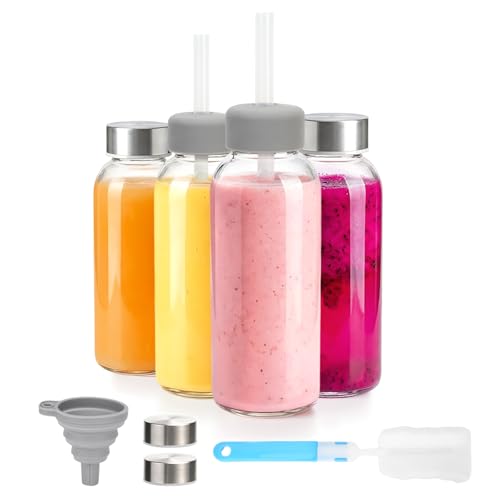 Image of Zukro 12 oz Glass Juice Bottles with Lids, Airtight & Leak proof, Reusable Clear Small Glass Bottle With Stainless Steel Cap for Juicing, Water, Smoothie & Milk, Dishwasher Safe & BPA Free, 4 Pack
