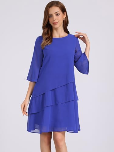 Image of Seta T Women's Chiffon Dresses 3 /4 Bell Sleeve Crewneck Tiered Layered Flowy Dress Party Wedding Outfits