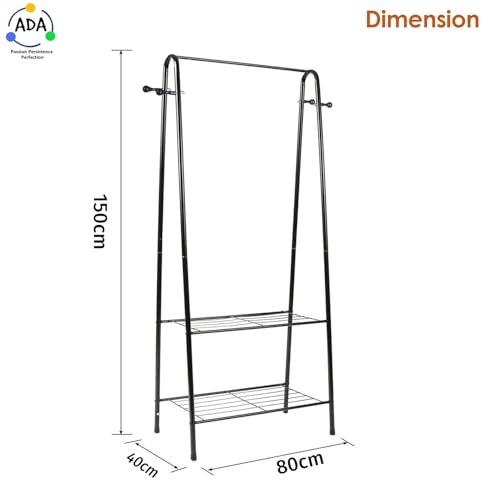 Image of ADA Premium Metal Heavy Duty Drizzle Garment Rack with 10 Side Hooks, Multifunctional 2 Lower Shelves Clothe Rail - Black (84 x 31 x 140cm)