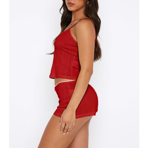 Image of Women's Two Piece Outfit Lace Trim Top and Shorts Set 2 Piece Lounge Sets Ladies PJs Summer Clothes