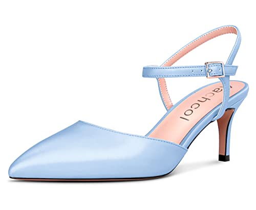 Aachcol Women Stiletto Mid Kitten Heel Pumps Ankle Strap Slingback Pointed Toe Dress Shoes Office Party Wedding Satin 2.5 Inch