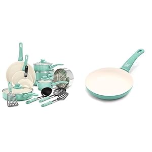 GreenLife Soft Grip Healthy Ceramic Nonstick 16 Piece Kitchen Cookware Pots and Frying Sauce Pans Set, Turquoise & Soft Grip Healthy Ceramic Nonstick, 8″ Frying Pan Skillet, Turquoise