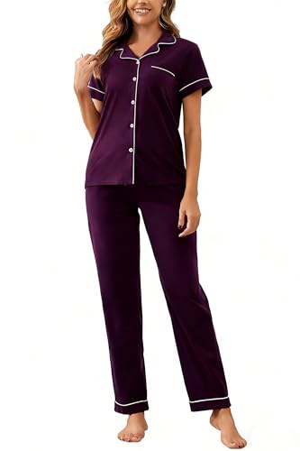 Image of 100% Cotton Pajama Sets for Women 2 Piece Long Sleeve Button Down Pjs Soft Comfy Ladies Sleepwear Lounge Sets S-XL