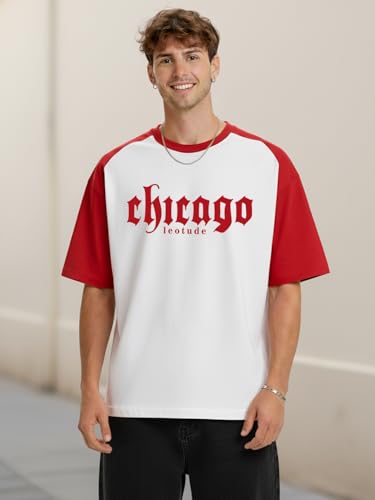 Image of LEOTUDE Men's Half Sleeve Cottonblend Printed Colourblocked Round Neck Drop Shoulder Oversized Tshirt for Man (Color Red)