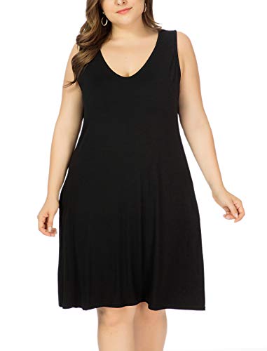Image of Women Plus Size V Neck Sleeveless Floral Print Pocket T Shirt Dresses Casual Midi Tank Dress Beach Cover up Sundress (XL-5X)