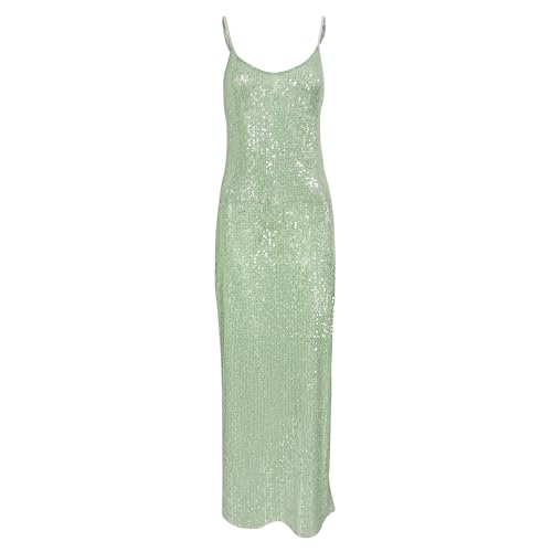 Image of BOLLEY JOSS Sequin Maxi Dress for Women Open Back Spaghetti Strap Formal Evening Gown with Slit Prom Cocktail Party Dress