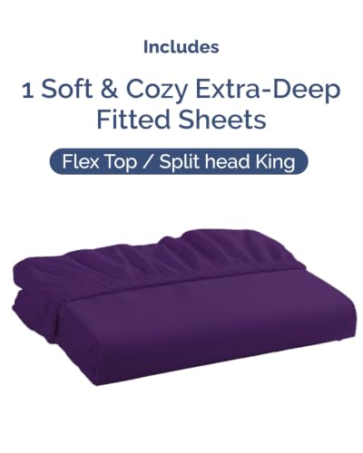 Image of Extra Deep Flex Top Split Head King Fitted Sheet - Hotel Luxury Single Fitted Sheet Only - Easily Fits 18 inch to 24 inch Mattress - Ultra Soft, Wrinkle Free w /Extra Deep Pockets - Purple
