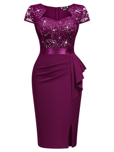 Image of Miusol Women's Elegant Square Neck Glitter Sequin Lace Cocktail Dress | Sparkly sequin lace, bodycon fit, chic ruffle, women dress perfect for wedding guest, cocktail and semi formal events
