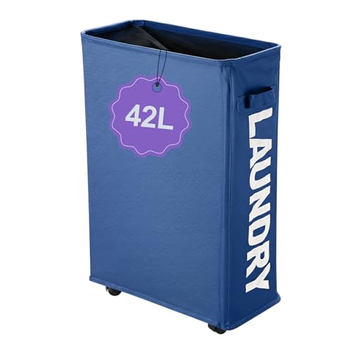 Image of Narrow Laundry Basket with Wheels, 42L Slim Rolling Laundry Hamper with Brake, Collapsible Dirty Clothes Hamper with Mesh Cover & Handle, Storage Bin for Dorm, RV, Small Spaces, Navy Blue