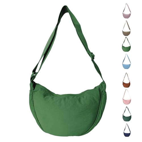 LOCCY Damen Halbmond Crossbody Schultertasche, Hobo Halfmoon Bag Einfarbige Nylon Crossbody Bag Damen Halbmond Schultertasche mit verstellbarer Schultergurt für Damen Reisen(Grün)