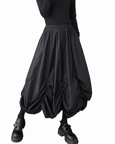 ellazhu Women's Pants Solid Elastic Waist Two Side Pockets Wide Leg Drop Crotch Casual GZ442 A