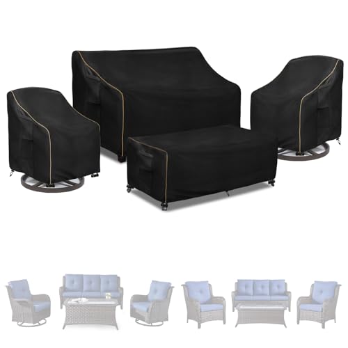 LSongSKY Patio Furniture Covers 4 Piece Set, 600D Heavy Duty Outdoor Furniture Covers Waterproof for Patio 3-Seater Sofa,Swivel Rocker Chair and Coffee Table Furniture Set,Black