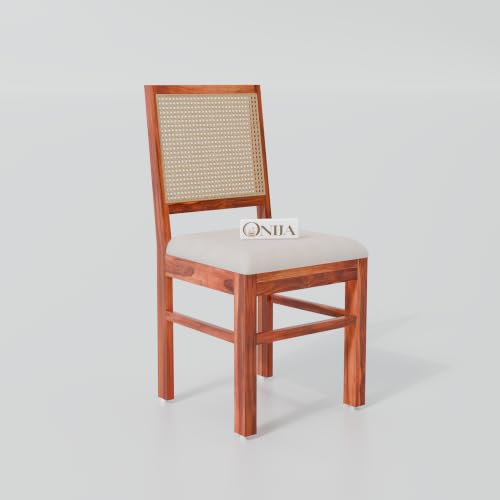 Image of ONIJA Solid Sheesham Wood 2 Seater Rattan Cane Dining Table Set with Cushioned Chairs for Dining Room | Living Room | Home & Office | Hotels Restaurant & Cafe (2 Seater, Honey Finish)