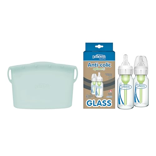 Image of Dr. Brown's Reusable Silicone Sterilizer Bag, Narrow Glass Baby Bottles with Anti-Colic Vent System, Level 1 Slow Flow Nipples, 120mL 2 Pack