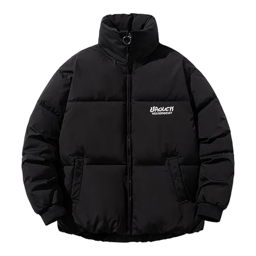 Modeewel Chaqueta acolchada para hombre, color puro, chaqueta de invierno, cortavientos, chaqueta para exteriores, cuello alto, chaqueta térmica gruesa, chaqueta acolchada, chaqueta acolchada, Negro