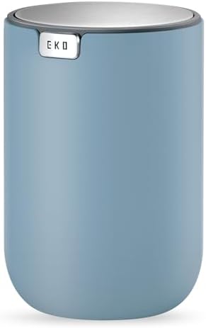 EKO Mini Desk Trash Can with Swing-Top Lid 0.4 Gallon Small Table Round Wastebasket for Office, Home, Car (Blue)